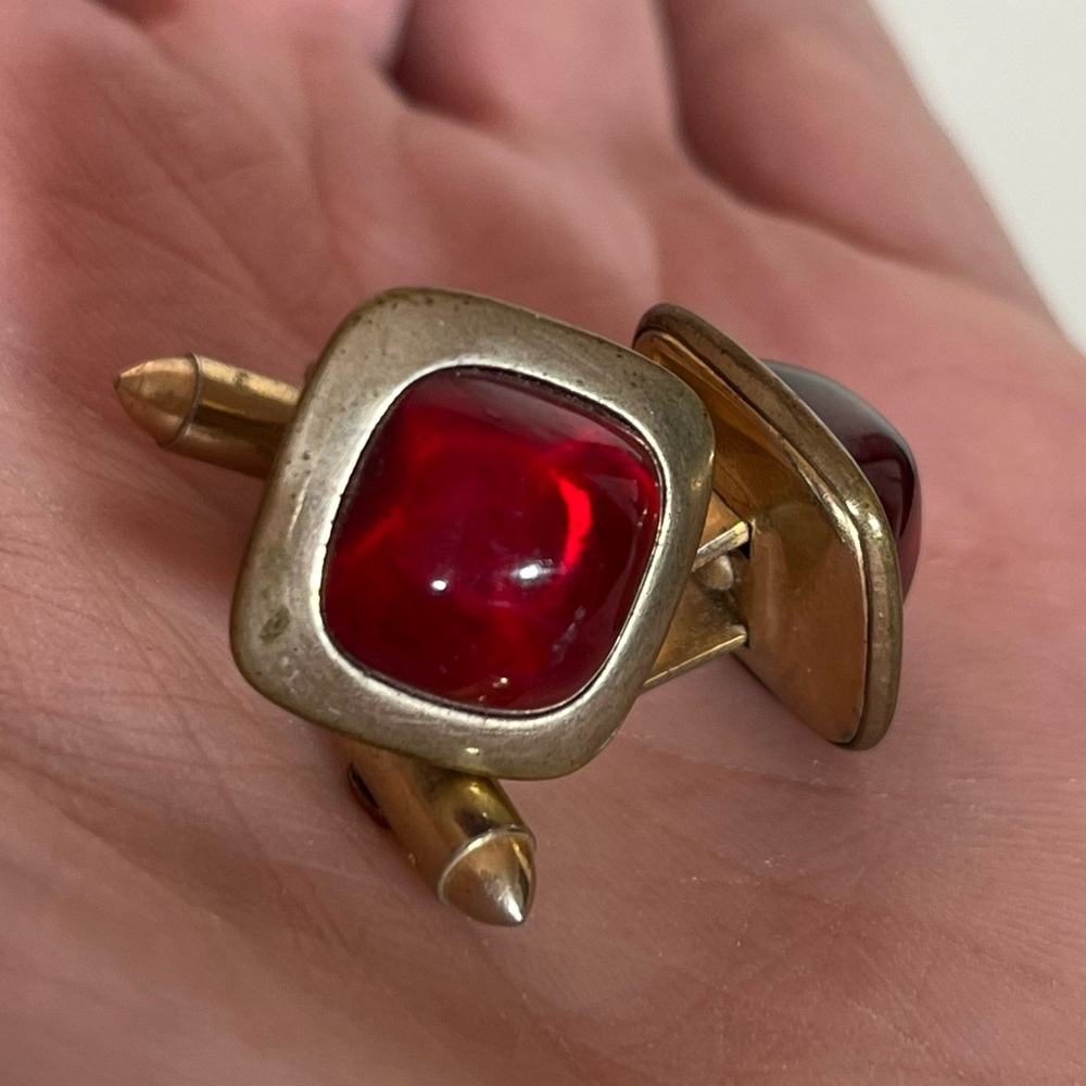 Vintage 1940’s Art Deco Gold plated Red Glass Cabochon Square Cufflinks MCM